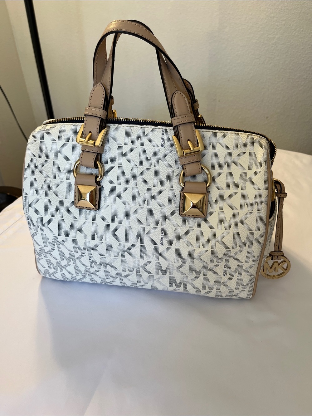 Michael Kors White & Beige Logo Satchel with Gold Hardware